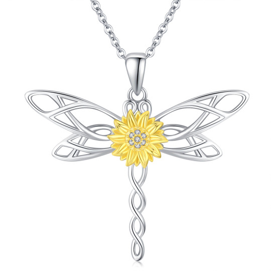 Sterling Silver Two-tone Circular Shaped Cubic Zirconia Dragonfly & Marigold Pendant Necklace