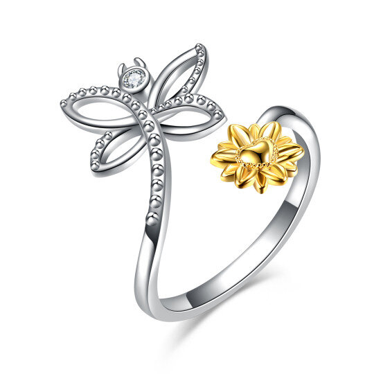 Sterling Silver Two-tone Circular Shaped Cubic Zirconia Dragonfly Ring