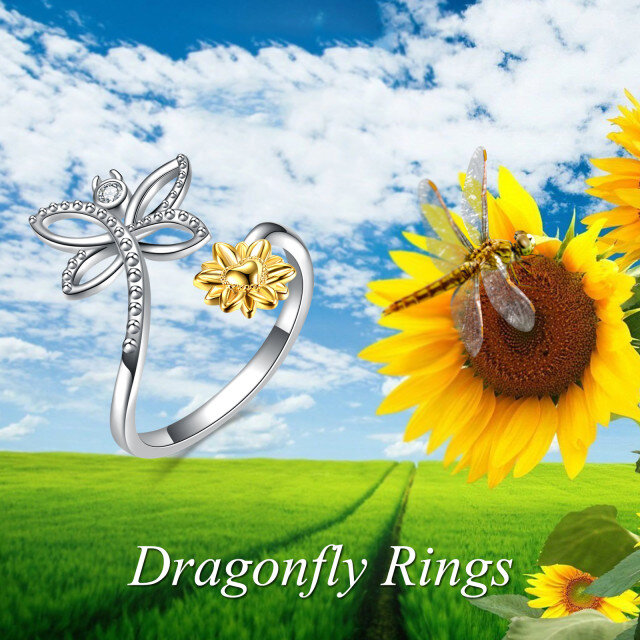 Sterling Silver Two-tone Circular Shaped Cubic Zirconia Dragonfly Ring-6