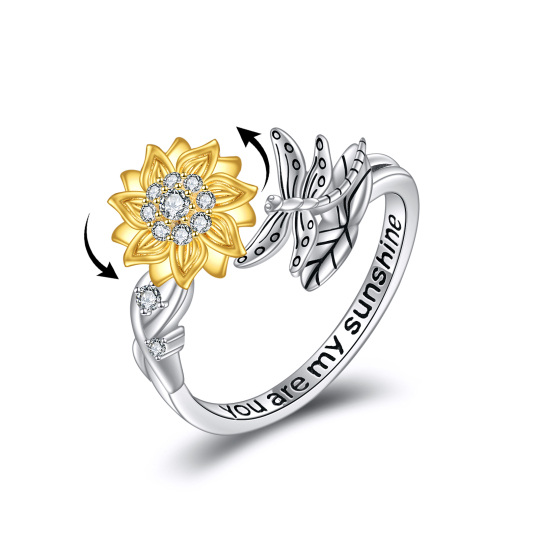 Sterling Silver Two-tone Round Shaped Cubic Zirconia Dragonfly & Sunflower Spinner Ring with Engraved Word