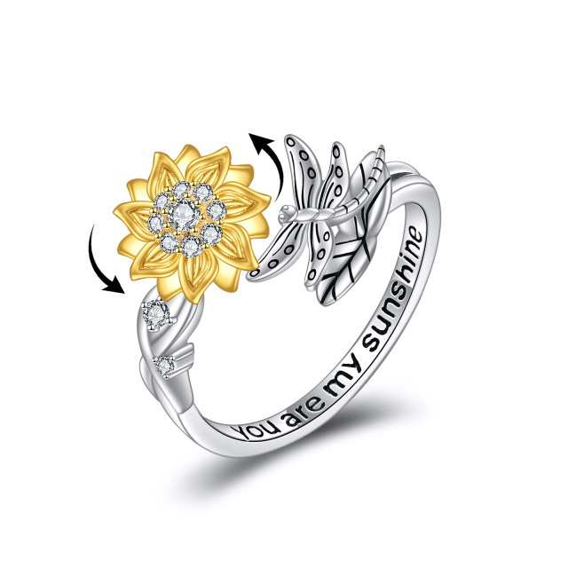 Sterling zilveren tweekleurige cirkelvormige cubic zirconia libelle en zonnebloem spinner ring met gegraveerd woord-1