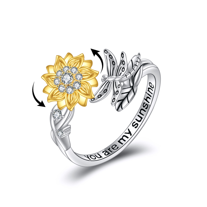 Sterling Silver Two-tone Round Shaped Cubic Zirconia Dragonfly & Sunflower Spinner Ring with Engraved Word-1