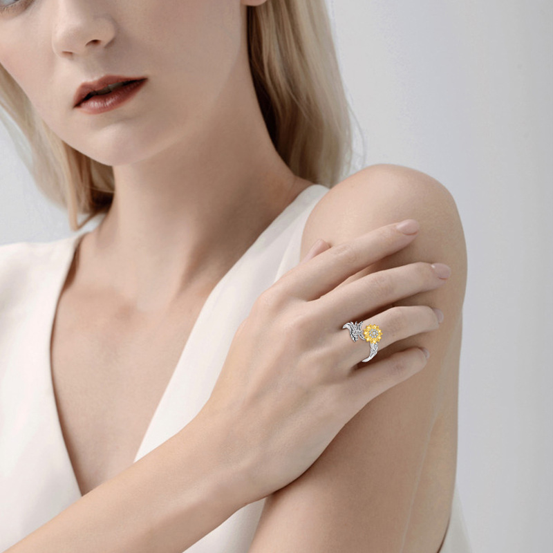 Sterling Silver Two-tone Round Shaped Cubic Zirconia Dragonfly & Sunflower Spinner Ring with Engraved Word-2