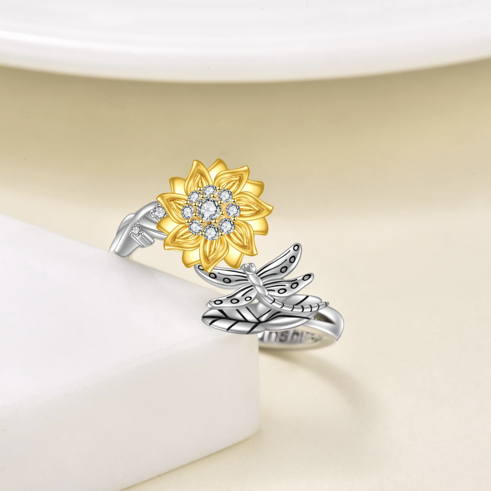 Sterling Silver Two-tone Round Shaped Cubic Zirconia Dragonfly & Sunflower Spinner Ring with Engraved Word-3