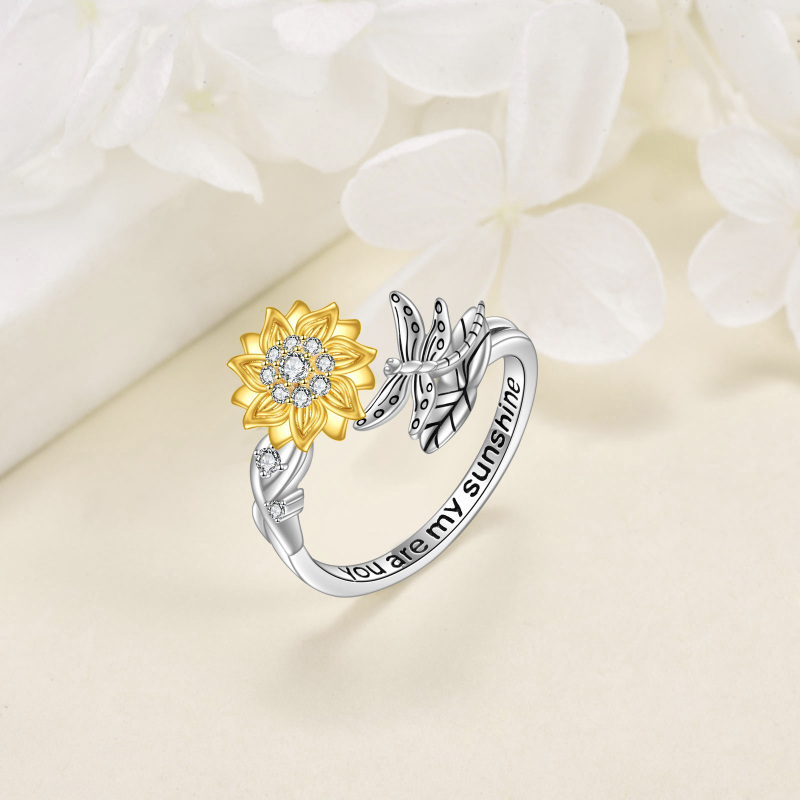 Sterling Silver Two-tone Round Shaped Cubic Zirconia Dragonfly & Sunflower Spinner Ring with Engraved Word-4