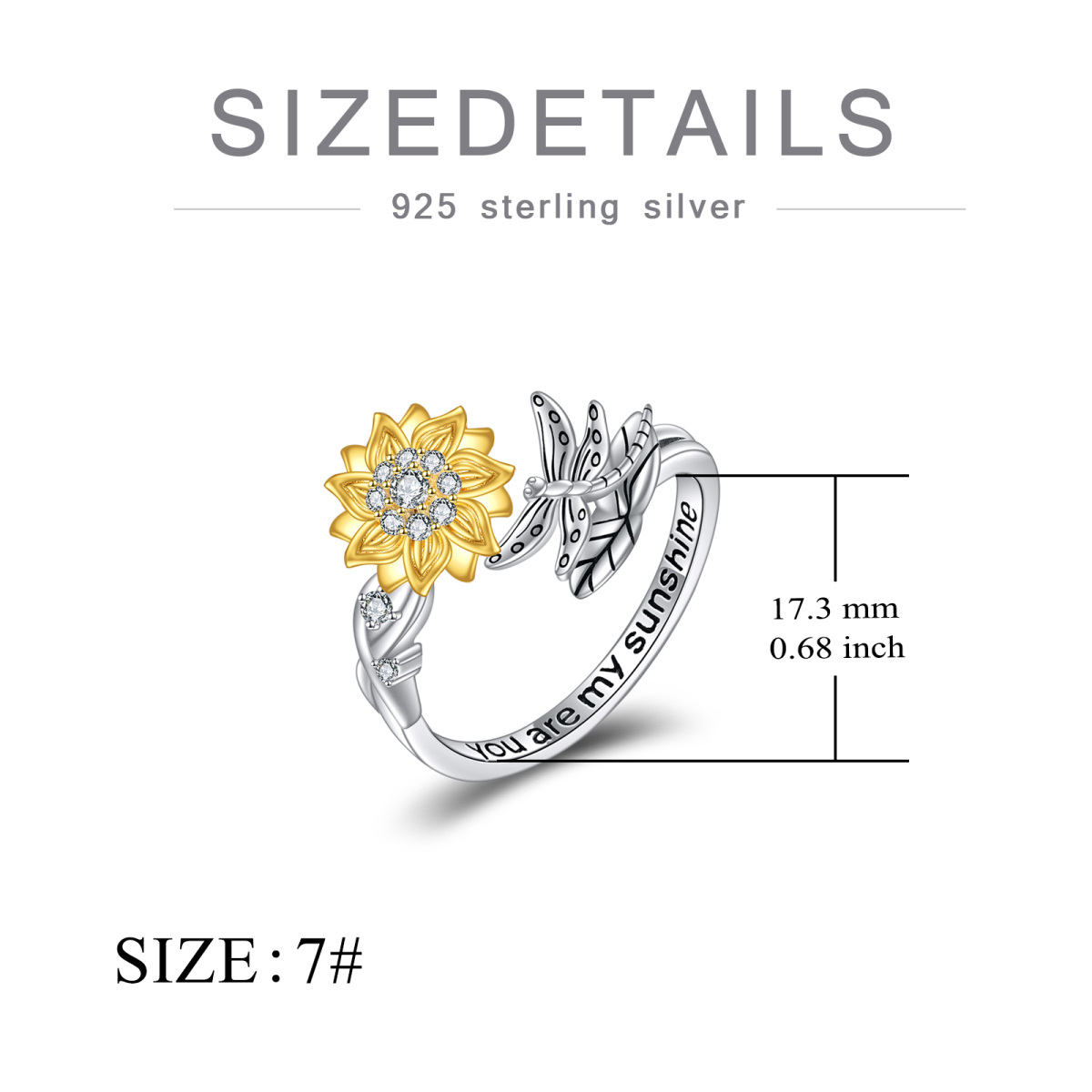 Sterling Silver Two-tone Circular Shaped Cubic Zirconia Dragonfly & Sunflower Spinner Ring with Engraved Word-5