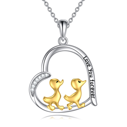 Sterling zilveren tweekleurige cirkelvormige cubic zirconia eend & hart hanger ketting met gegraveerd woord