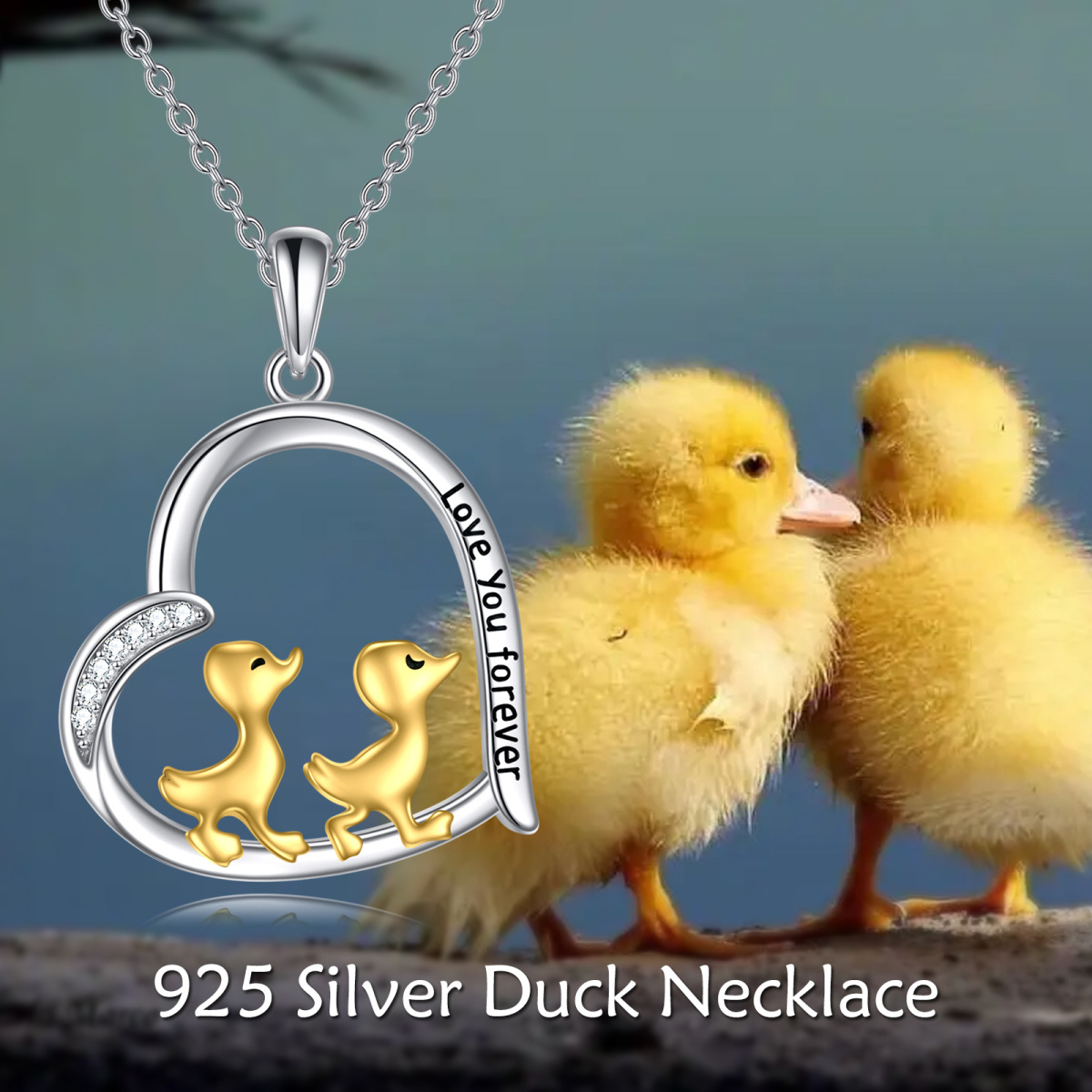 Sterling Silver Two-tone Circular Shaped Cubic Zirconia Duck & Heart Pendant Necklace with Engraved Word-3