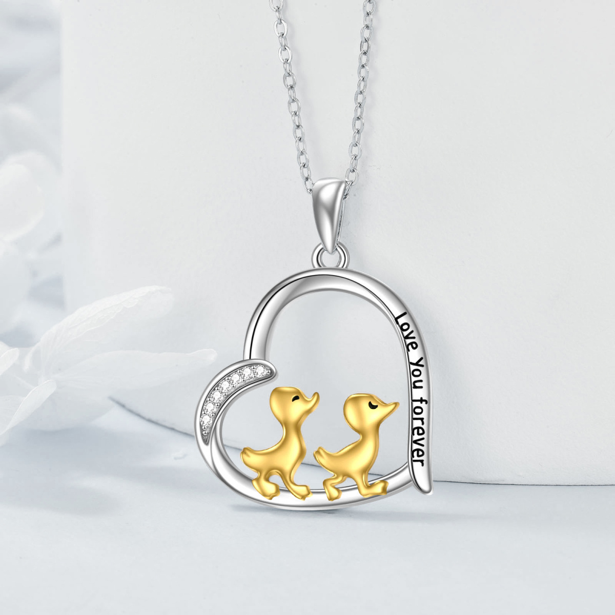 Sterling Silver Two-tone Circular Shaped Cubic Zirconia Duck & Heart Pendant Necklace with Engraved Word-4