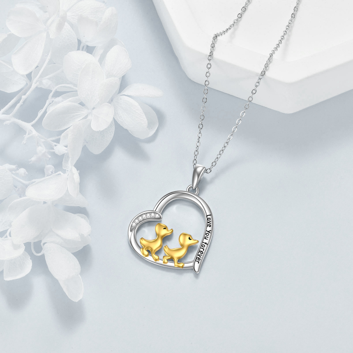 Sterling Silver Two-tone Circular Shaped Cubic Zirconia Duck & Heart Pendant Necklace with Engraved Word-5