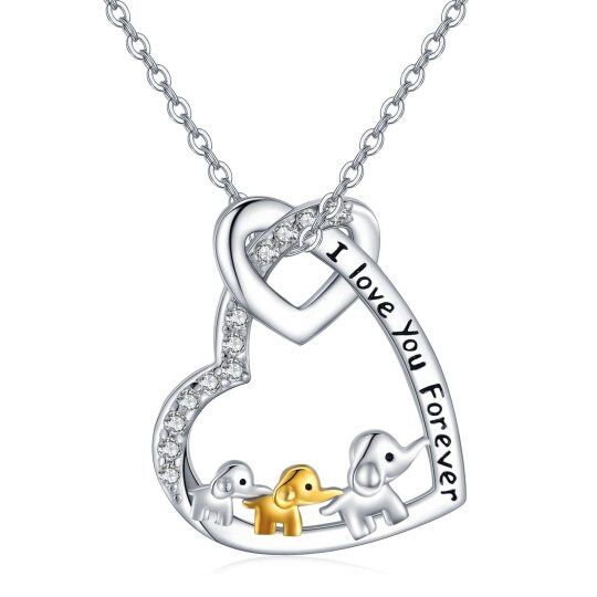 Sterling Silver Two-tone Circular Shaped Cubic Zirconia Elephant Cable Chain Necklace with Engraved Word