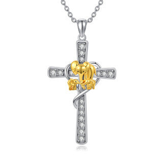 Sterling Silver Two-tone Circular Shaped Cubic Zirconia Elephant & Cross Pendant Necklace-41