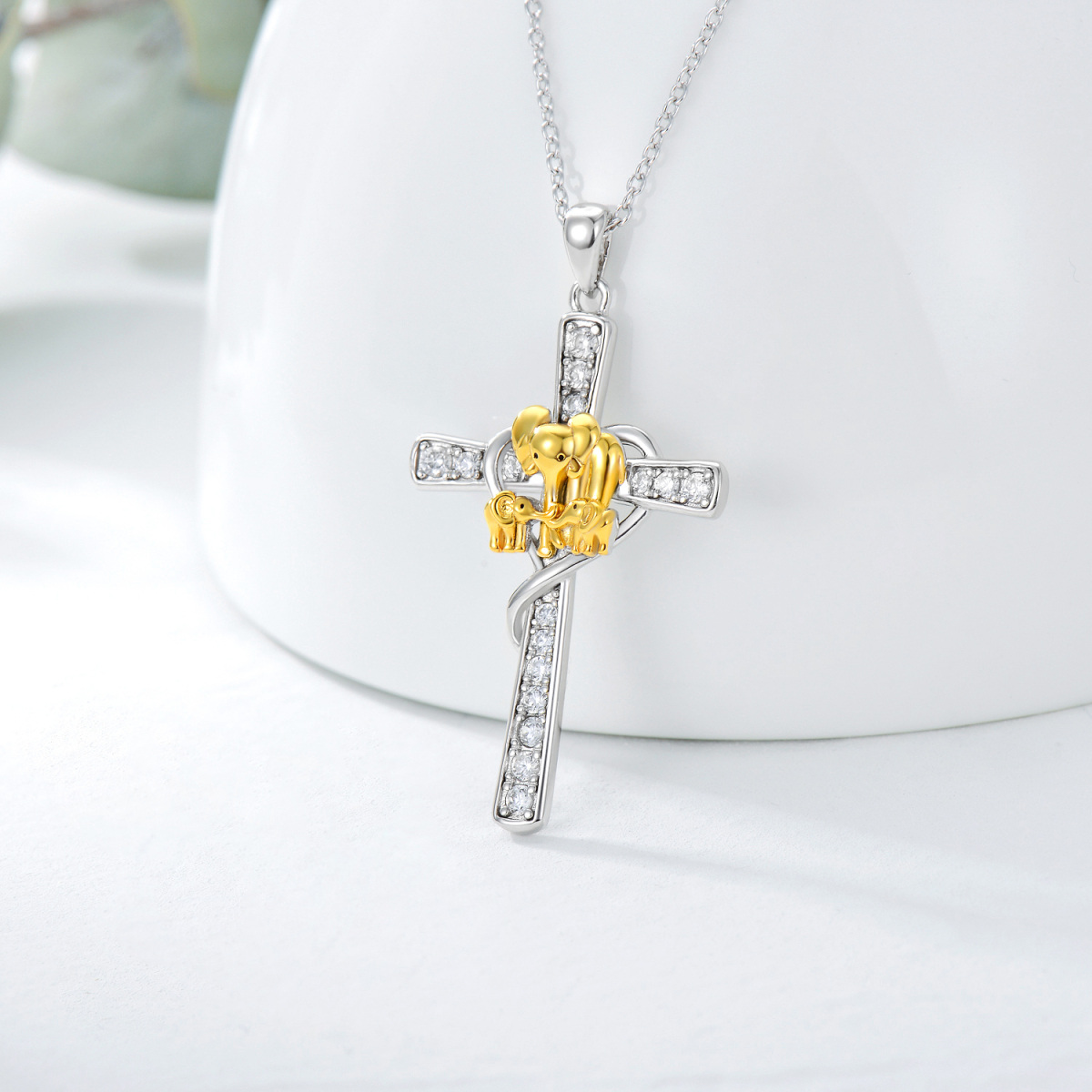 Sterling Silver Two-tone Circular Shaped Cubic Zirconia Elephant & Cross Pendant Necklace-3