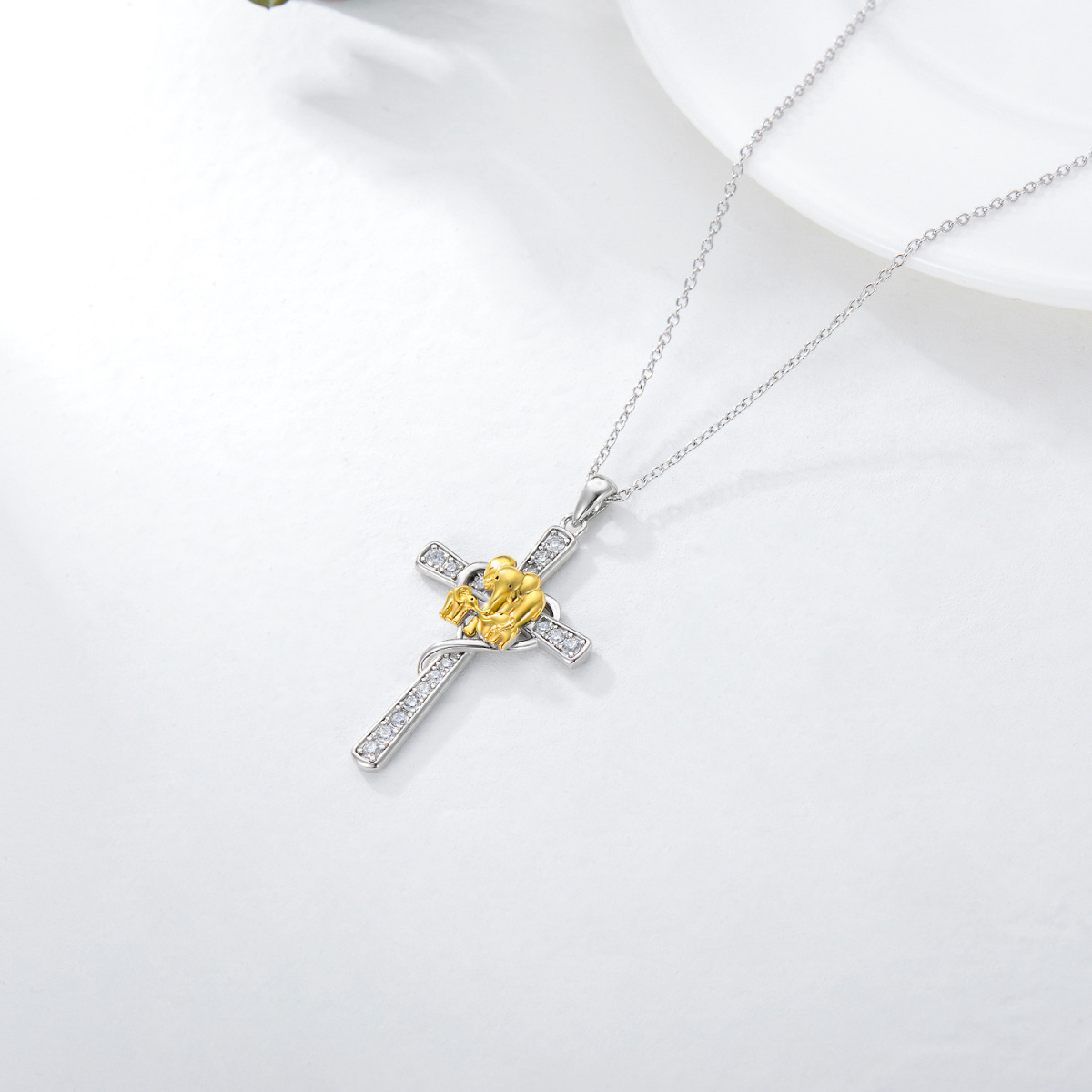 Sterling Silver Two-tone Circular Shaped Cubic Zirconia Elephant & Cross Pendant Necklace-4