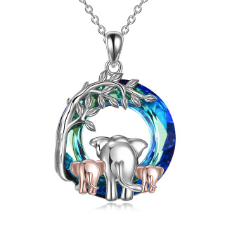 Sterling Silver Two-tone Circular Shaped Elephant Crystal Pendant Necklace with Engraved Word-58