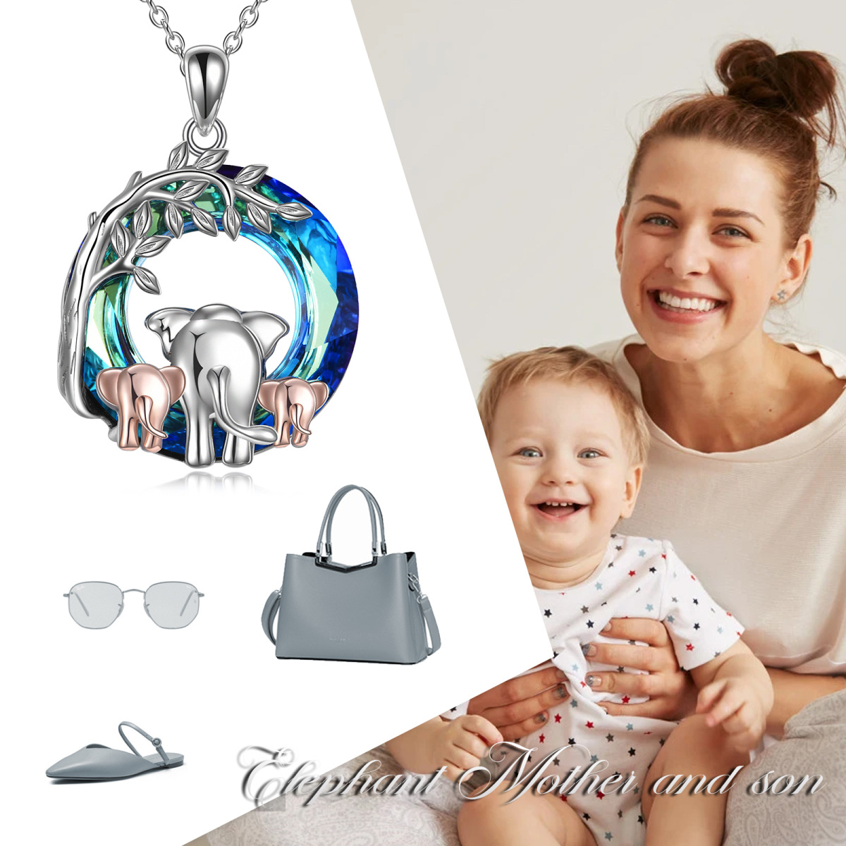 Sterling Silver Two-tone Circular Shaped Elephant Crystal Pendant Necklace with Engraved Word-3