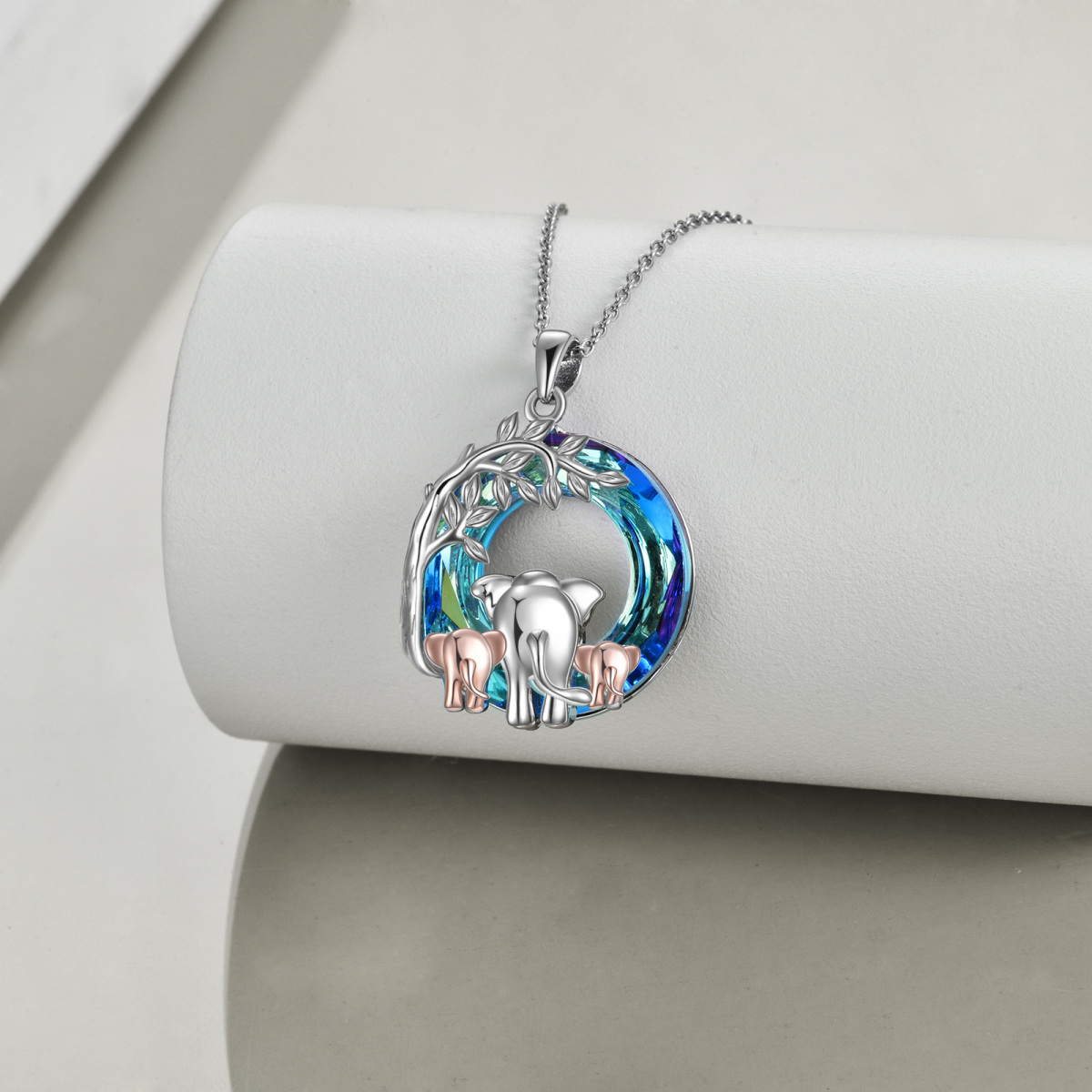 Sterling Silver Two-tone Circular Shaped Elephant Crystal Pendant Necklace with Engraved Word-4