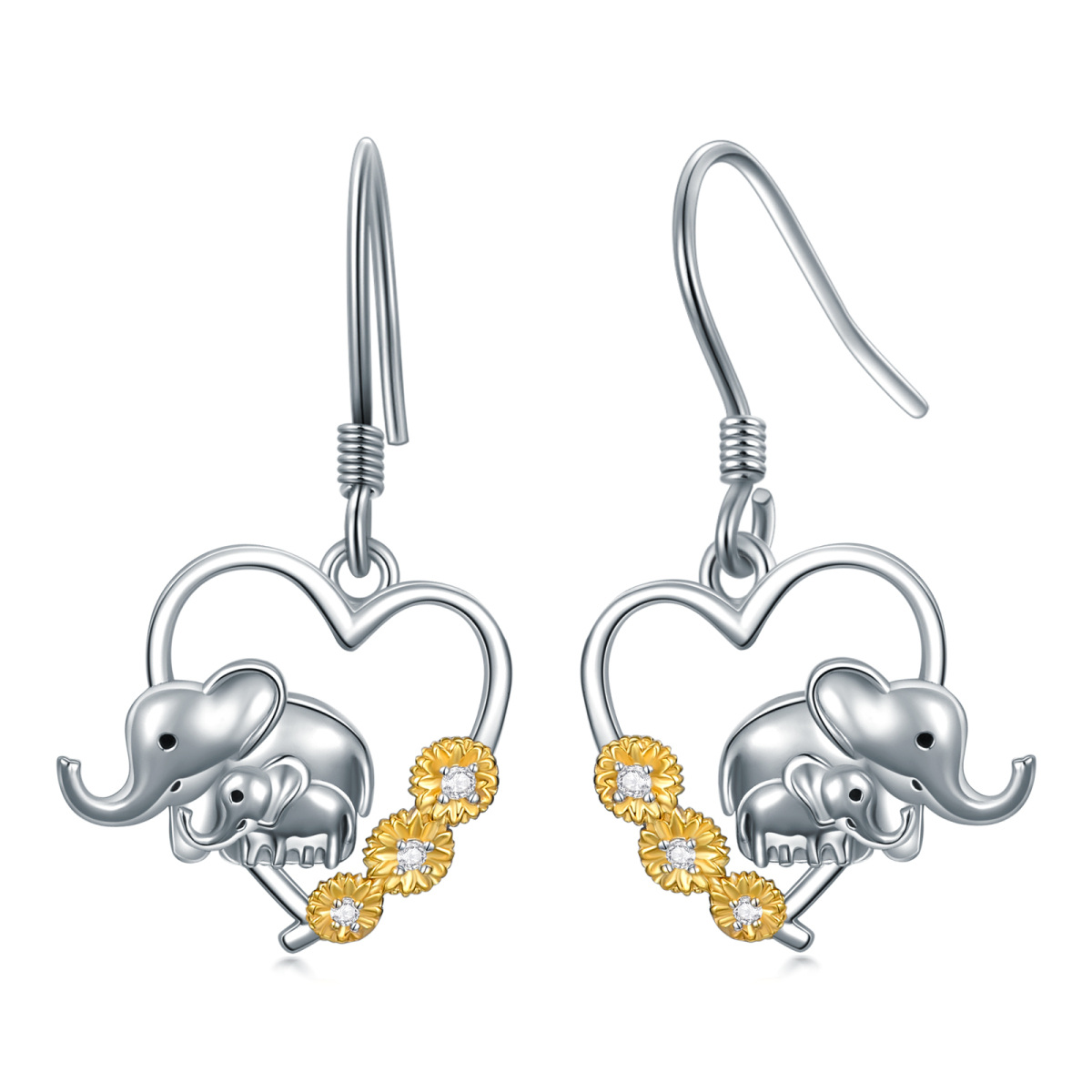 Pendants d'oreilles éléphant en argent sterling bicolore à zircon cubique-1