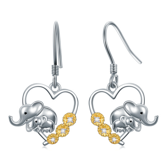 Sterling Silver Two-tone Circular Shaped Cubic Zirconia Elephant Drop Earrings