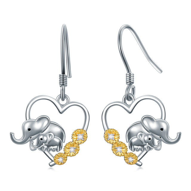 Sterling Silver Two-tone Circular Shaped Cubic Zirconia Elephant Drop Earrings-1