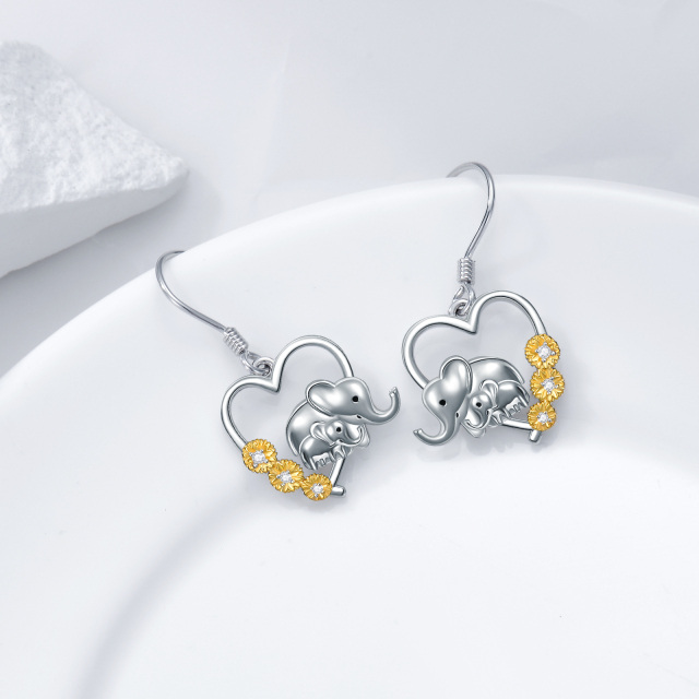 Orecchini pendenti con elefante a forma circolare bicolore in argento sterling con zirconi-3