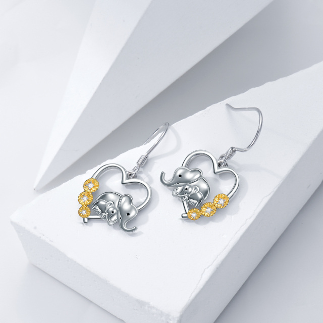 Sterling Silver Two-tone Circular Shaped Cubic Zirconia Elephant Drop Earrings-4