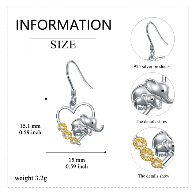 Sterling Silver Two-tone Circular Shaped Cubic Zirconia Elephant Drop Earrings-5