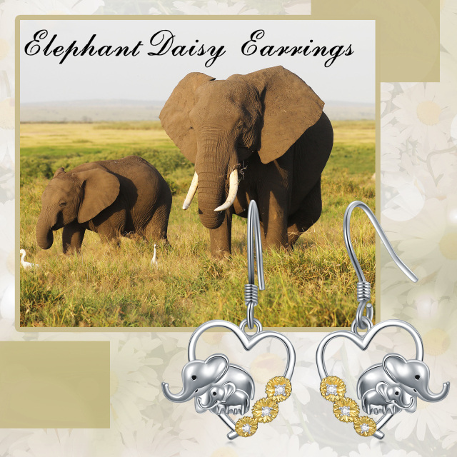 Sterling Silver Two-tone Circular Shaped Cubic Zirconia Elephant Drop Earrings-6