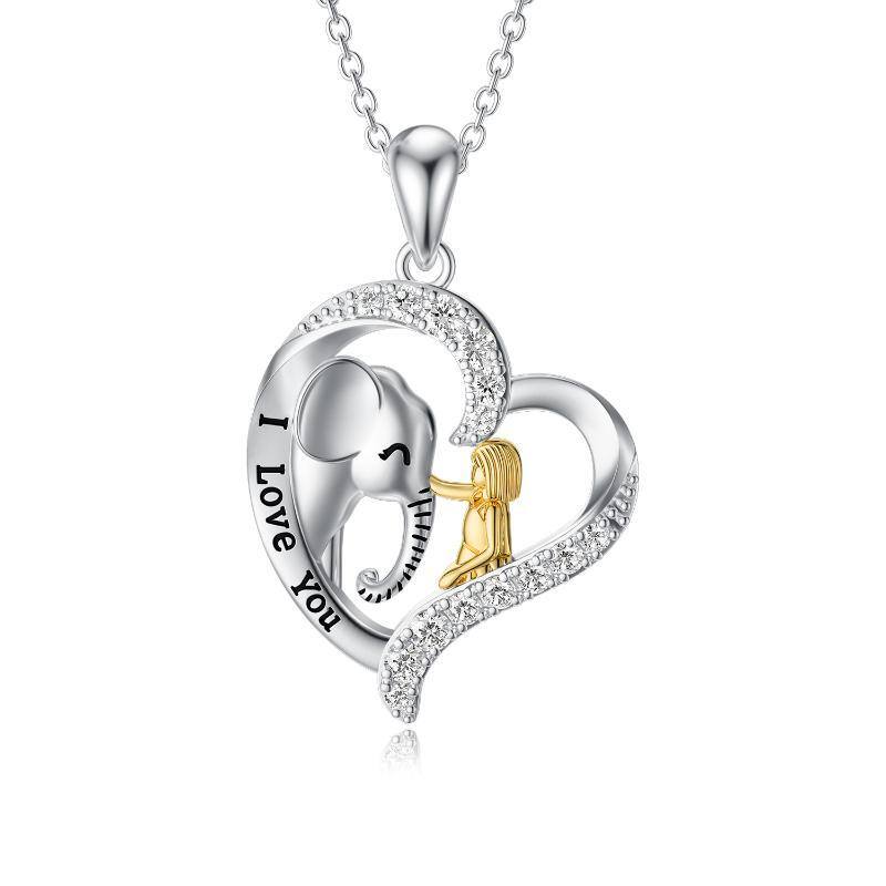 Collar con colgante de corazón de elefante con forma circular de dos tonos y circonita cúbica de plata de ley con palabra grabada-1