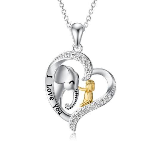 Sterling Silver Two-tone Circular Shaped Cubic Zirconia Elephant & Heart Pendant Necklace with Engraved Word