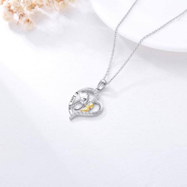 Sterling Silver Two-tone Circular Shaped Cubic Zirconia Elephant & Heart Pendant Necklace with Engraved Word-4