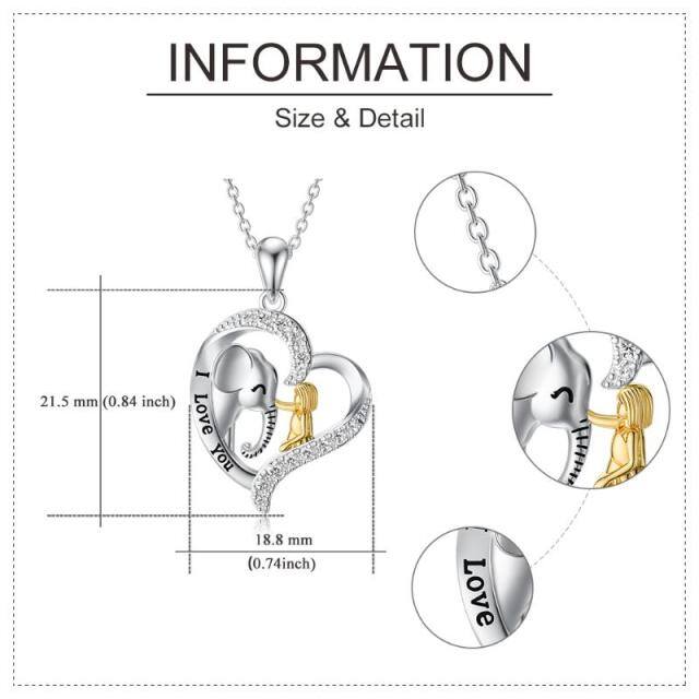 Sterling Silver Two-tone Circular Shaped Cubic Zirconia Elephant & Heart Pendant Necklace with Engraved Word-5