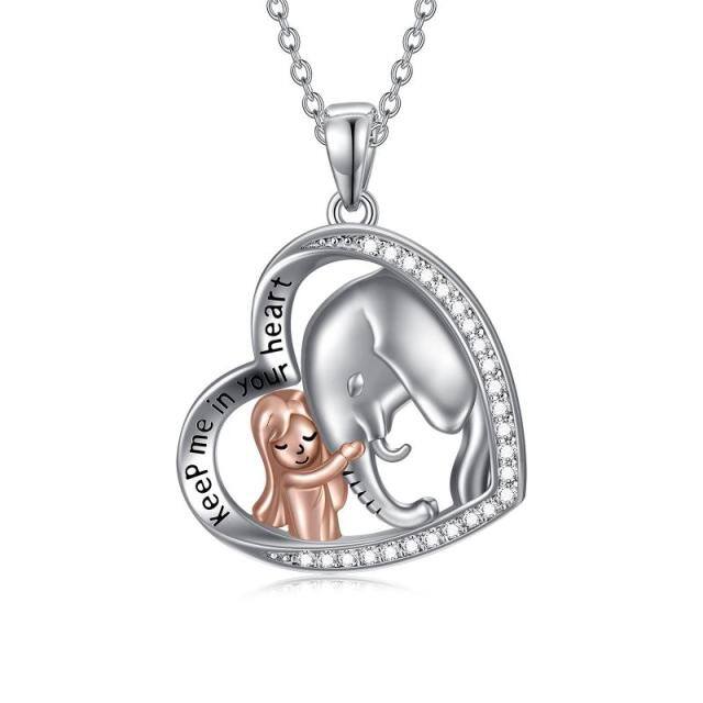 Sterling Silver Two-tone Circular Shaped Cubic Zirconia Elephant & Heart Pendant Necklace with Engraved Word-1