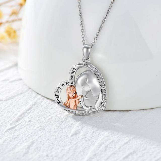 Sterling Silver Two-tone Circular Shaped Cubic Zirconia Elephant & Heart Pendant Necklace with Engraved Word-3