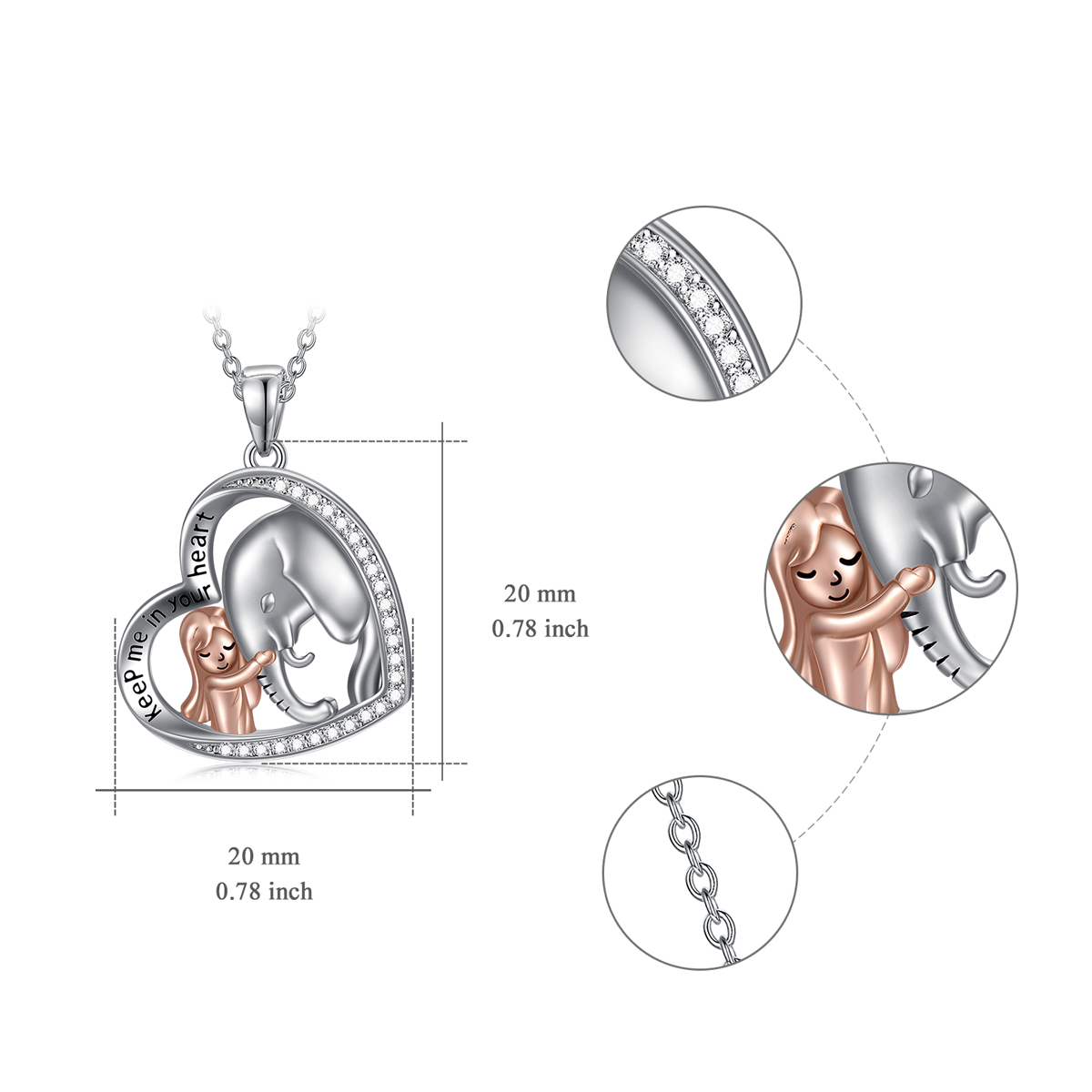 Sterling zilveren tweekleurige cirkelvormige cubic zirconia olifant en hart hanger ketting met gegraveerd woord-5