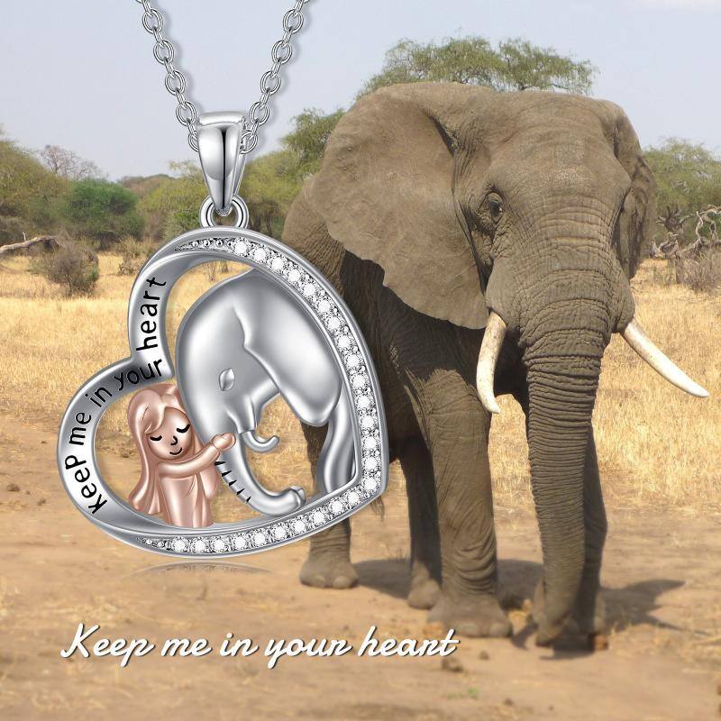 Sterling Silver Two-tone Circular Shaped Cubic Zirconia Elephant & Heart Pendant Necklace with Engraved Word-6