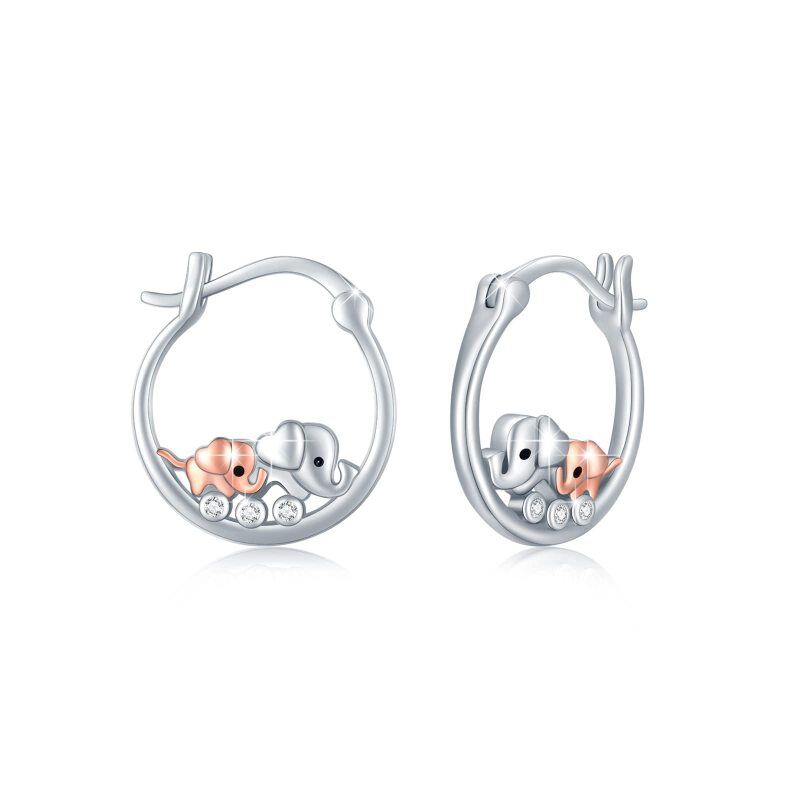 Sterling Silver Two-tone Circular Shaped Cubic Zirconia Elephant Hoop Earrings