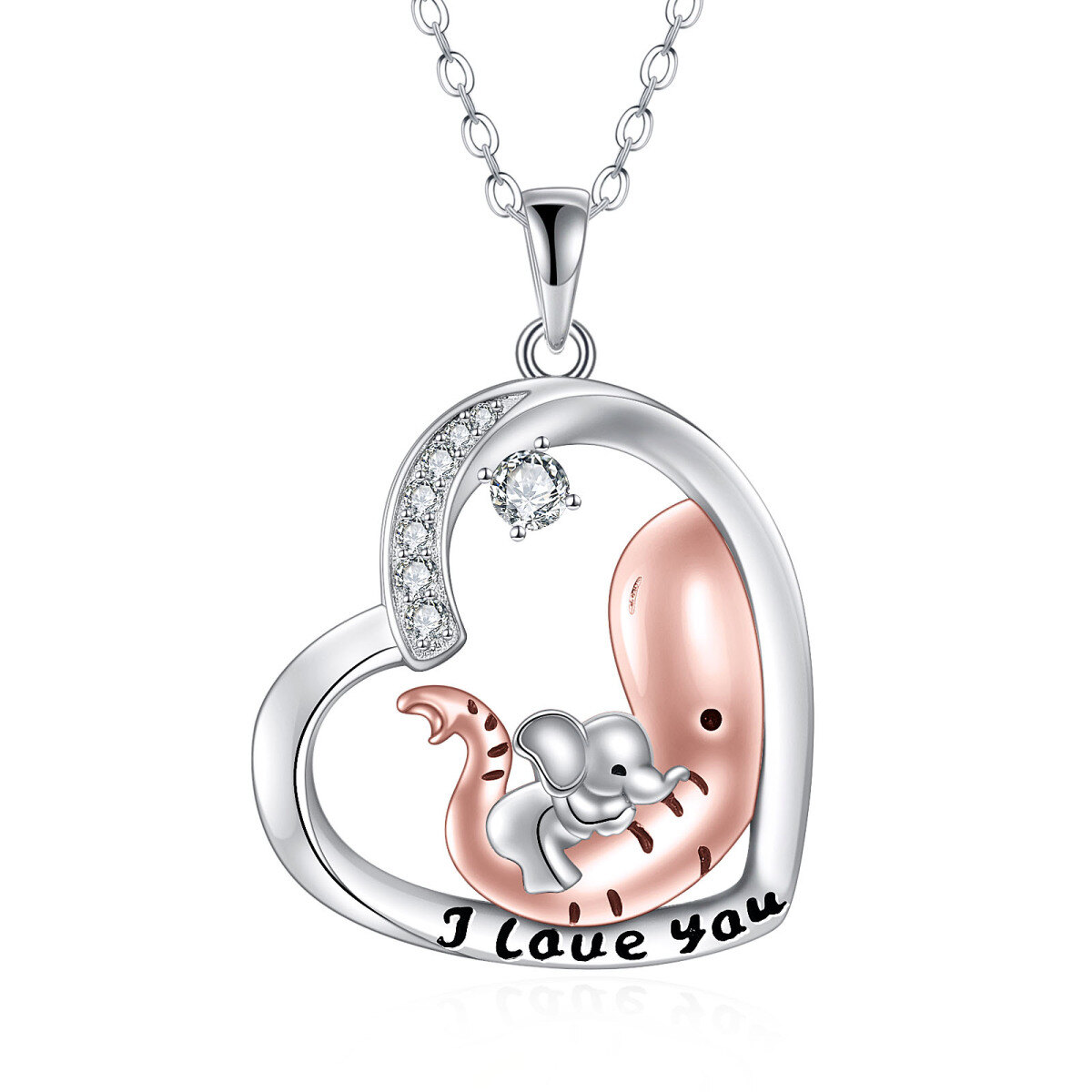 Sterling Silver Two-tone Circular Shaped Cubic Zirconia Elephant Pendant Necklace with Engraved Word-1