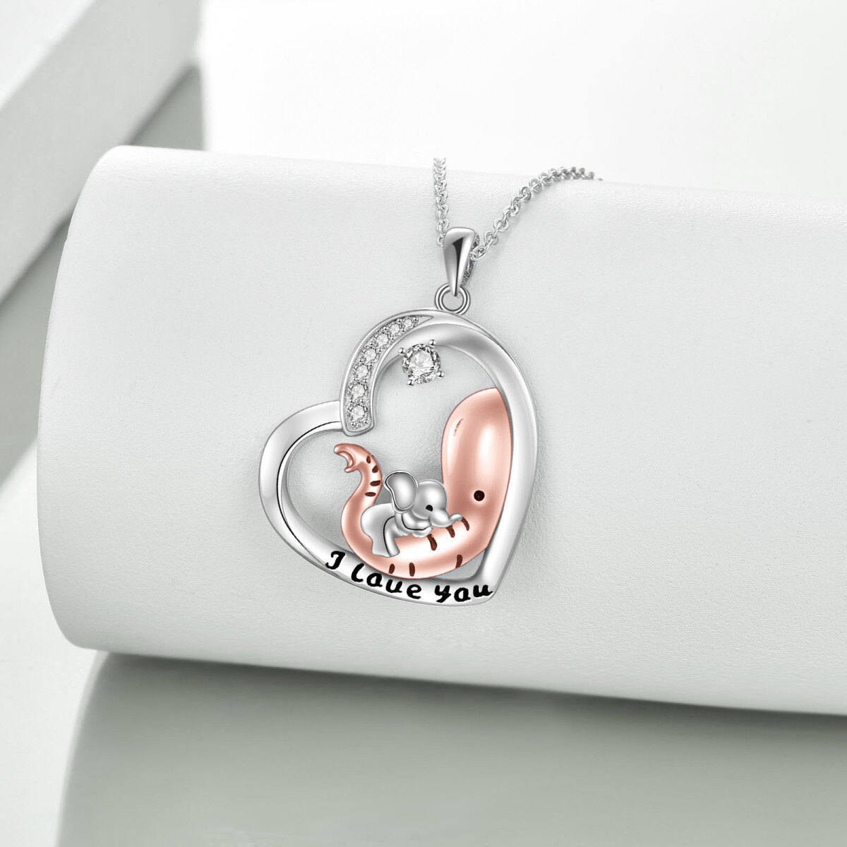 Sterling Silver Two-tone Circular Shaped Cubic Zirconia Elephant Pendant Necklace with Engraved Word-3