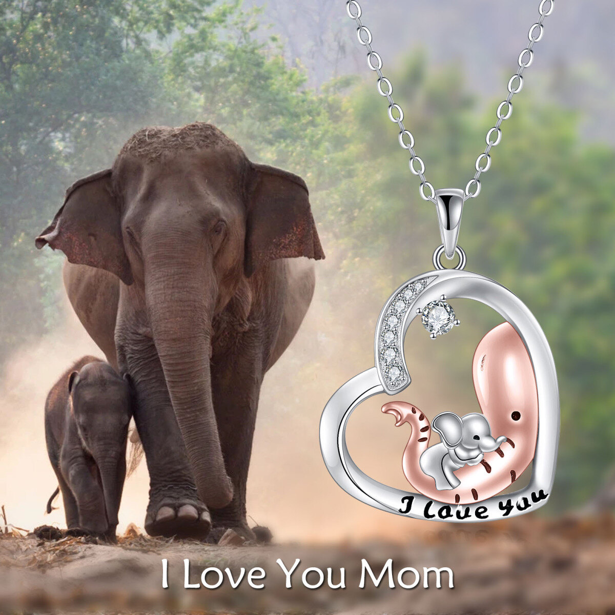 Sterling Silver Two-tone Circular Shaped Cubic Zirconia Elephant Pendant Necklace with Engraved Word-6