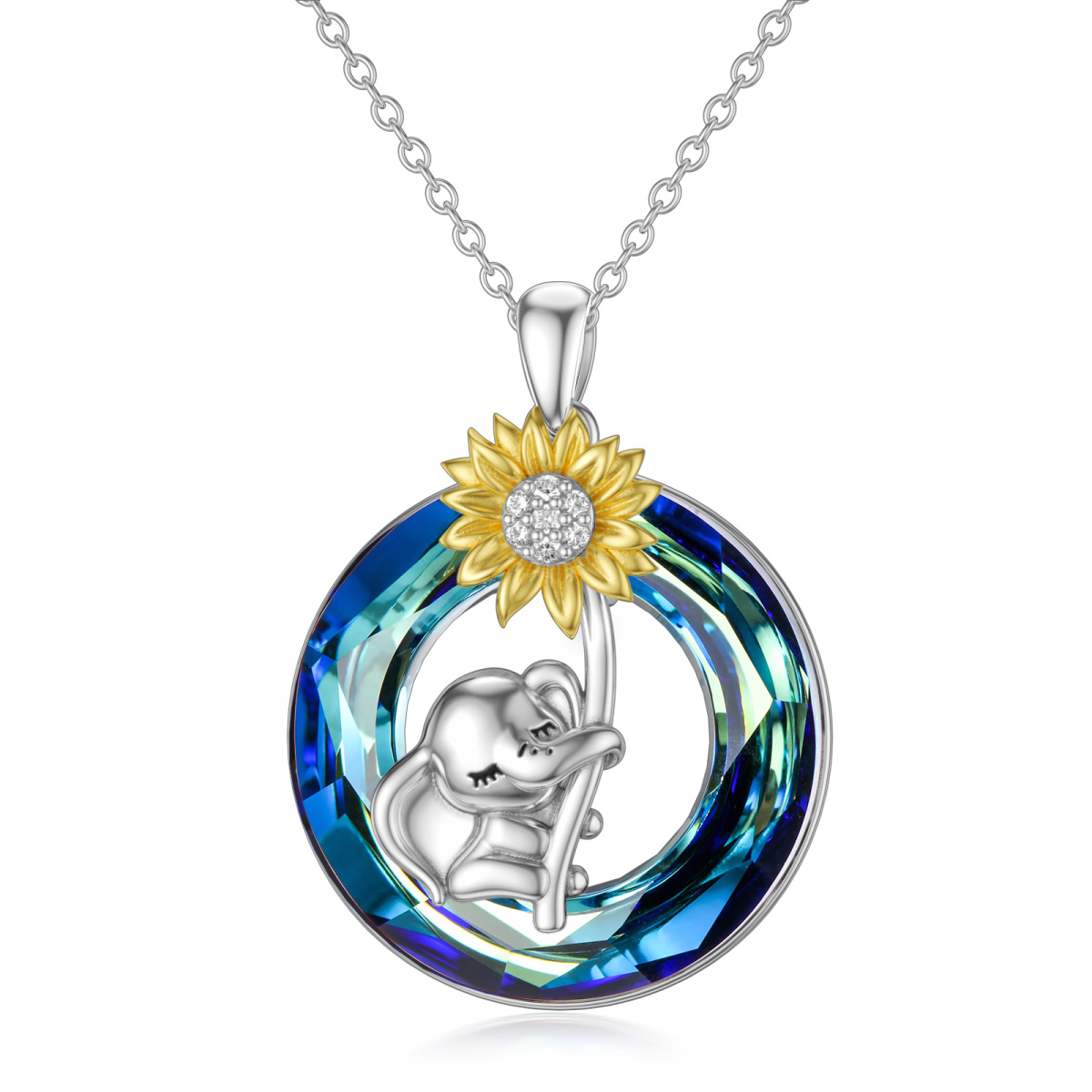 Collana in argento sterling bicolore con ciondolo circolare a forma di elefante e girasole-1