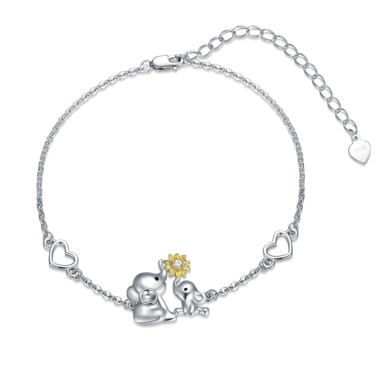 Sterling Silver Two-Tone Circular Cubic Zirconia Heart Elephant With Sunflower Charm Bracelet For Women-1