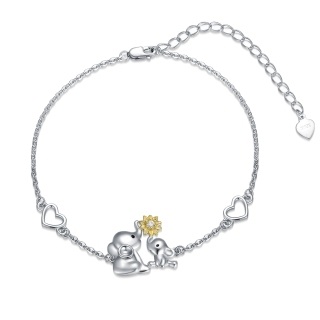 Sterling Silver Two-Tone Circular Cubic Zirconia Heart Elephant With Sunflower Pendant Bracelet For Women-4