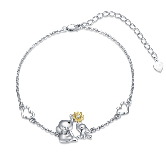 Sterling Silver Two-Tone Circular Cubic Zirconia Heart Elephant With Sunflower Charm Bracelet For Women