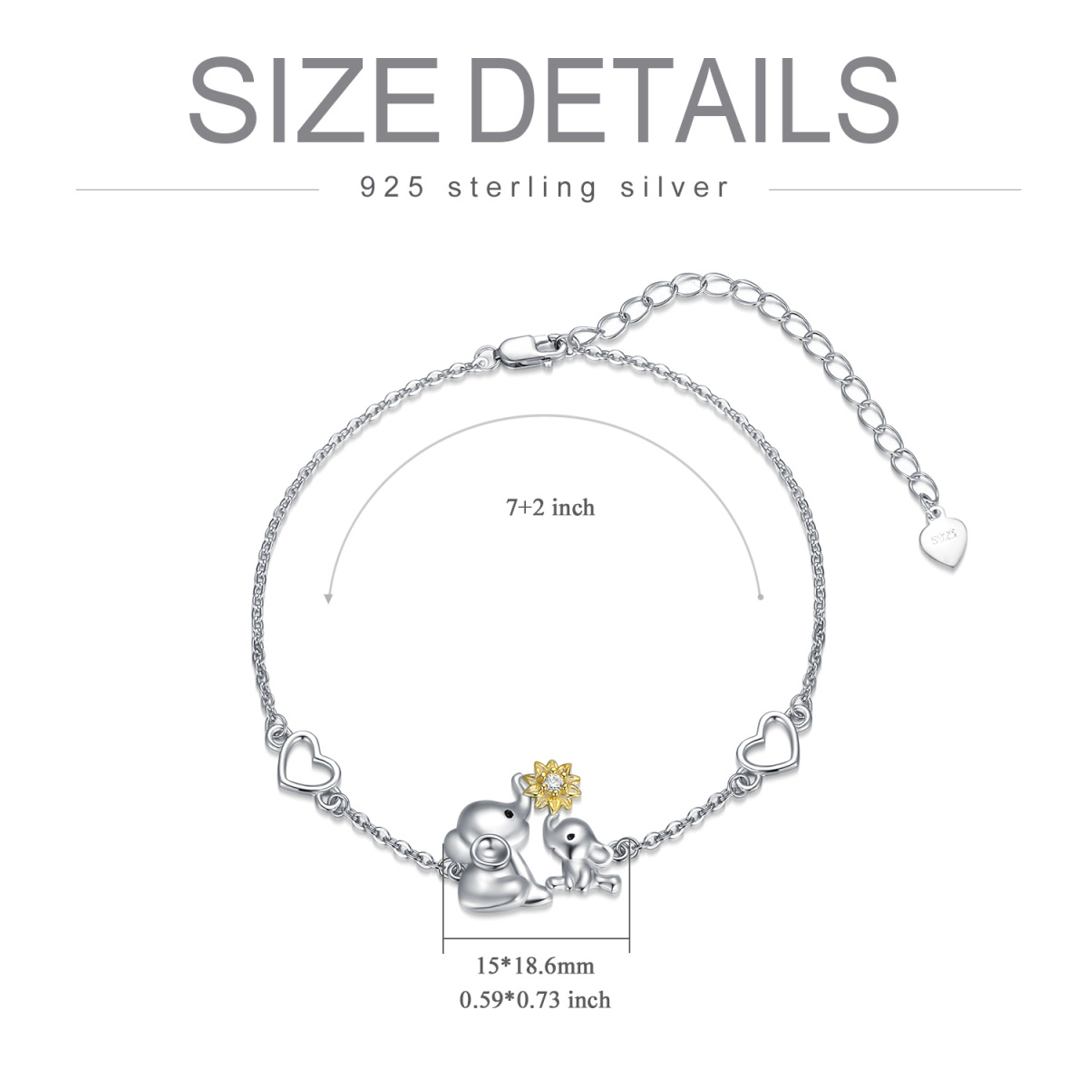 Zweifarbiges Armband aus Sterlingsilber mit kreisförmigem Zirkonia-Herz, Elefant und Sonnenblumen-Anhänger für Damen-5