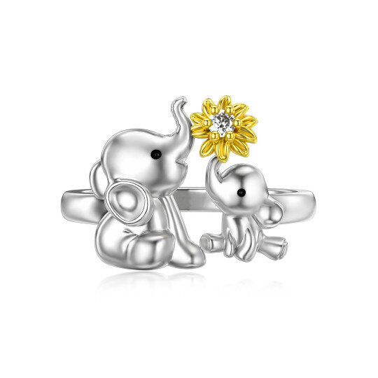 Sterling Silver Two-tone Circular Shaped Cubic Zirconia Elephant & Sunflower Ring