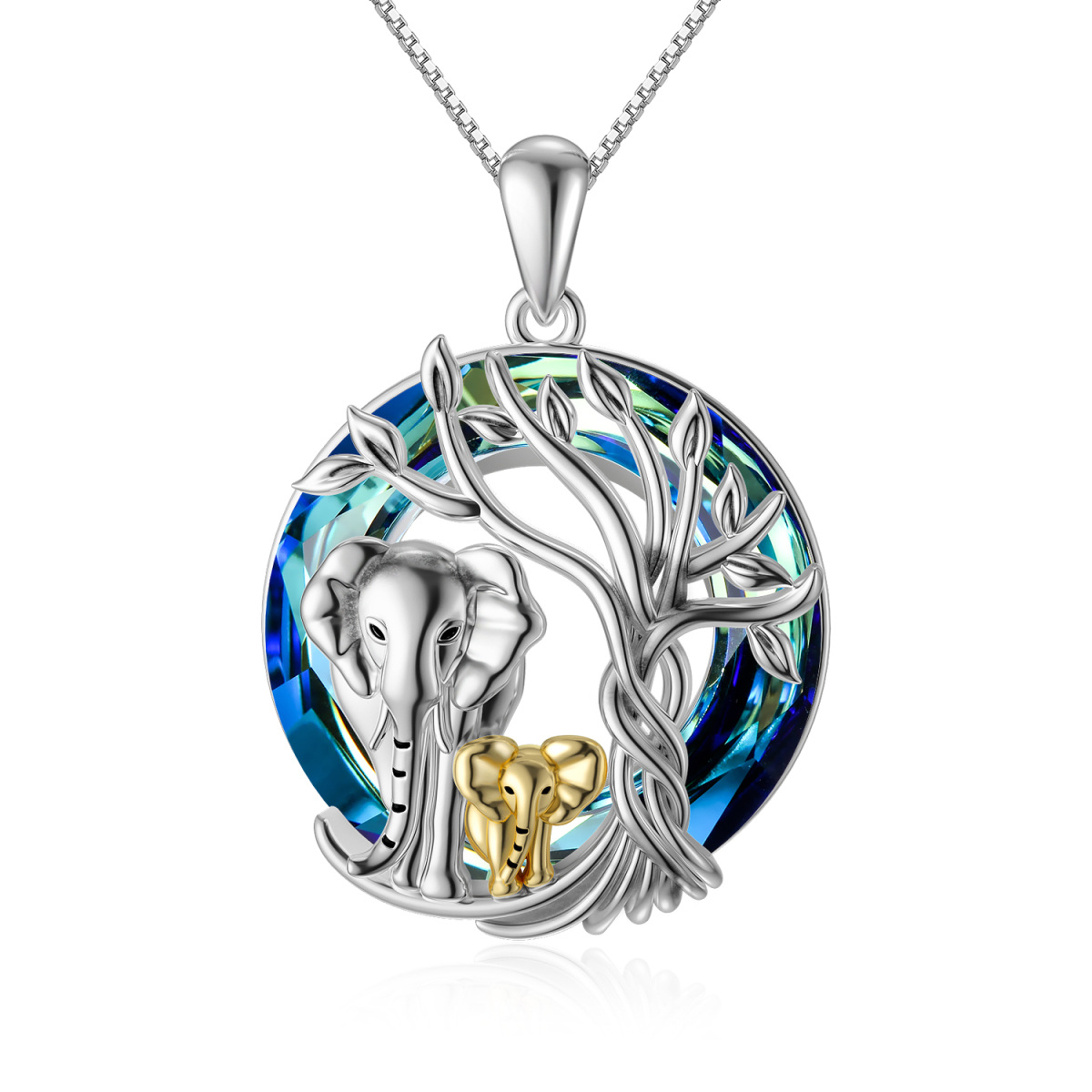 Sterling Silver Two-tone Circular Shaped Elephant & Tree Of Life Crystal Pendant Necklace-1