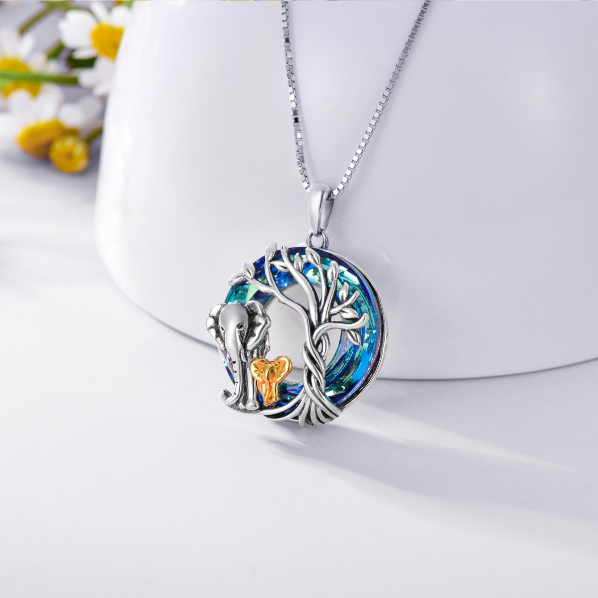 Sterling Silver Two-tone Circular Shaped Elephant & Tree Of Life Crystal Pendant Necklace-3