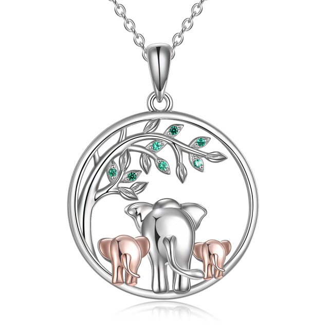 Sterling Silver Two-tone Circular Shaped Cubic Zirconia Elephant & Tree Of Life Pendant Necklace-5