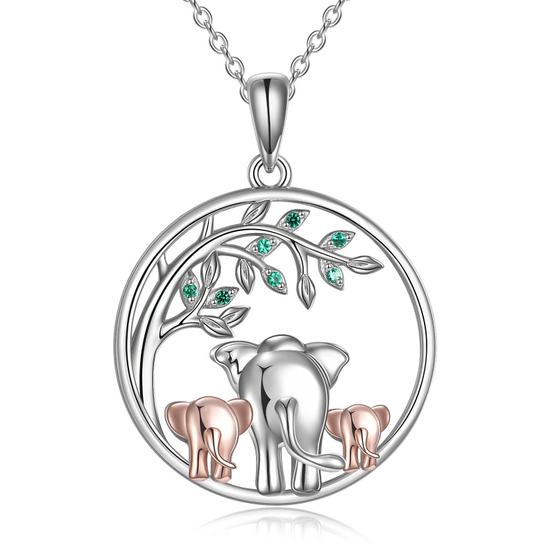 Sterling Silver Two-tone Circular Shaped Cubic Zirconia Elephant & Tree Of Life Pendant Necklace-6